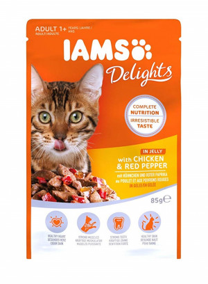 IAMS CAT DELIGHT CHICKEN&PEPPER Jelly konservi kaķiem 85g x 12gab