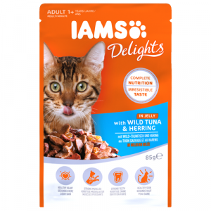IAMS CAT DELIGHT TUNA&HERRING Jelly konservi kaķiem 85g x 12gab