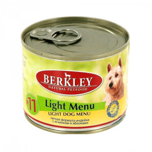 Konservi suņiem Berkley Dog Light Menu with Oliveoil 200g Cena norādīta par 1 gb. un ir spēkā pasūtot 6 gb.