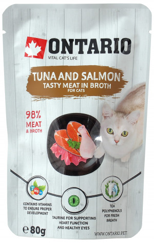 Konservi kaķiem – Ontario Pouch Tuna and Salmon in Broth 80g