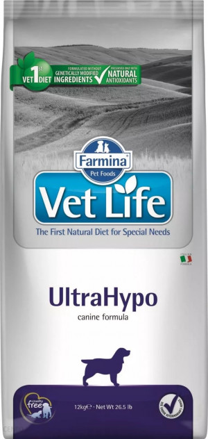 FARMINA VET LIFE Dog UltraHypo - sausā barība suņiem  2kg Cena norādīta par 1 gb. un ir spēkā pasūtot 2 gb.