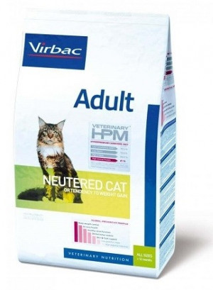 VIRBAC HPM Cat Adult Neutered - sausā barība kaķiem 3kg + Virbac mitrā barība HPM Cat Adult neutered with salmon+ dāvana dzirdni-strūklaka