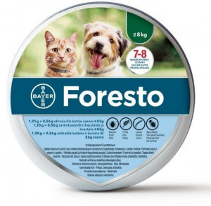 Foresto 1,25 g + 0,56 g pret ērcēm/ blusām kakla siksna kaķiem un suņiem līdz 8 kg 38cm x 3 gab.
