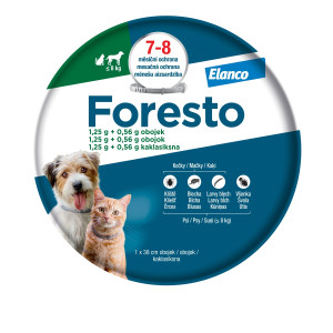 Foresto 1,25 g + 0,56 g pret ērcēm/ blusām kakla siksna kaķiem un suņiem līdz 8 kg 38cm x 3 gab.