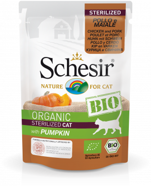 Schesir BIO Organic Sterilised Cat With Chicken, Pork & Pumpkin - konservi kaķiem 85g