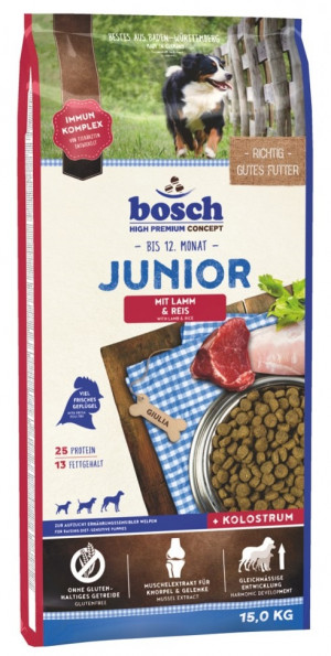 BOSCH Junior Lamb & Rice - sausā barība kucēniem 15kg Cena norādīta par 1 gb. un ir spēkā pasūtot 2 gb.