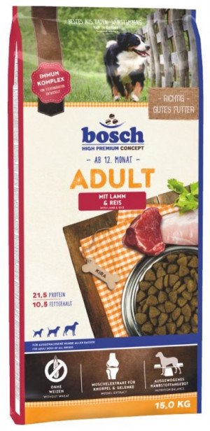 BOSCH Adult Lamb & Rice - sausā barība suņiem 15kg Cena norādīta par 1 gb. un ir spēkā pasūtot 2 gb.