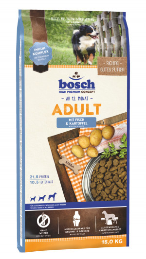 BOSCH Adult Fish & Potato - sausā barība suņiem 15kg Cena norādīta par 1 gb. un ir spēkā pasūtot 2 gb.