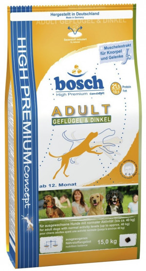 BOSCH Adult Poultry & Spelt - sausā barība suņiem 15kg Cena norādīta par 1 gb. un ir spēkā pasūtot 2 gb.