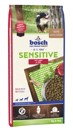 BOSCH Sensitive Lamb & Rice - sausā barība suņiem 15kg Cena norādīta par 1 gb. un ir spēkā pasūtot 2 gb.