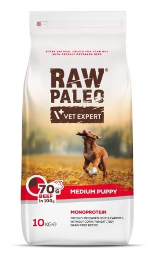 RAW PALEO Medium Breed Puppy with Beef - sausā barība kucēniem 10kg Cena norādīta par 1 gb. un ir spēkā pasūtot 2 gb.