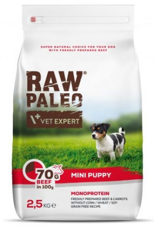 RAW PALEO Mini Breed Puppy with Beef - sausā barība kucēniem 2,5kg Cena norādīta par 1 gb. un ir spēkā pasūtot 2 gb.