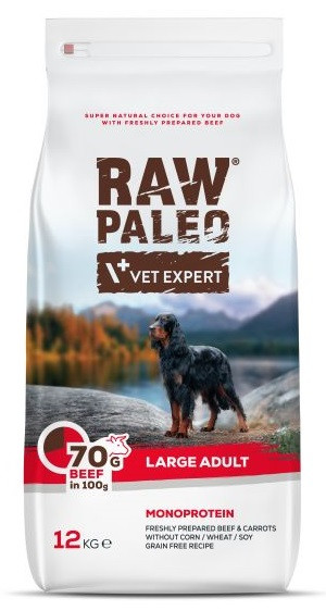RAW PALEO Large Breed Dog with Beef - sausā barība suņiem 12kg Cena norādīta par 1 gb. un ir spēkā pasūtot 2 gb.