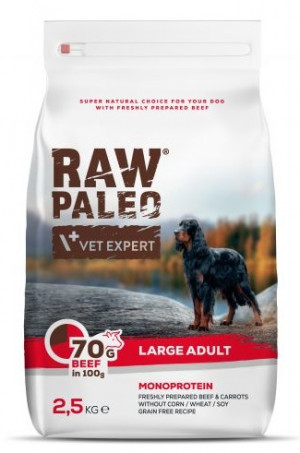 RAW PALEO Large Breed Dog with Beef - sausā barība suņiem  2,5kg Cena norādīta par 1 gb. un ir spēkā pasūtot 2 gb.