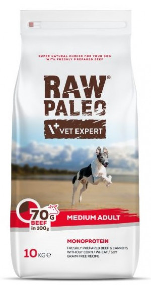 RAW PALEO Medium Breed Dog with Beef - sausā barība suņiem 10kg Cena norādīta par 1 gb. un ir spēkā pasūtot 2 gb.