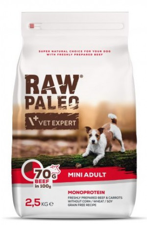 RAW PALEO Mini Breed Dog with Beef - sausā barība suņiem 2,5kg Cena norādīta par 1 gb. un ir spēkā pasūtot 2 gb.