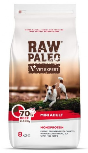RAW PALEO Mini Breed Dog with Beef - sausā barība suņiem 8kg Cena norādīta par 1 gb. un ir spēkā pasūtot 2 gb.