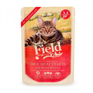 Sam´s Field CAT POUCH for sterilized cats with Beef Fillets/beetroot - konservi kaķiem 12 x 85g