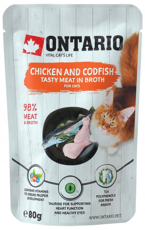 Konservi kaķiem – Ontario Pouch Chicken and Codfish in Broth 6 x 80g