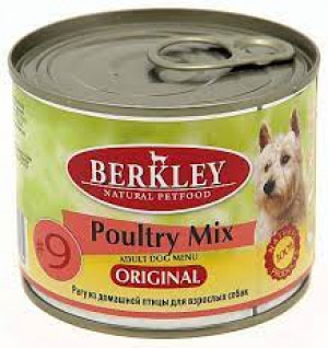 Konservi suņiem Berkley #9 Poultry Mix 200g Cena norādīta par 1 gb. un ir spēkā pasūtot 6 gb.