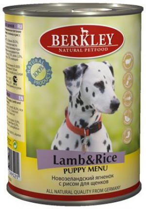 Konservi suņiem Berkley Puppy Menu Lamb & Rice 400g Cena norādīta par 1 gb. un ir spēkā pasūtot 6 gb.