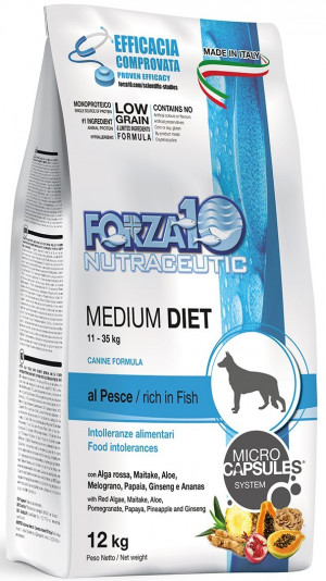 Forza10 Medium Diet with Fish - sausā barība suņiem 12kg Cena norādīta par 1 gb. un ir spēkā pasūtot 2 gb.