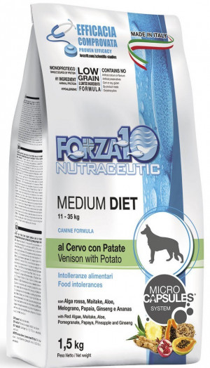 Forza10 Medium Diet with Venison & Potato - sausā barība suņiem 12kg Cena norādīta par 1 gb. un ir spēkā pasūtot 2 gb.
