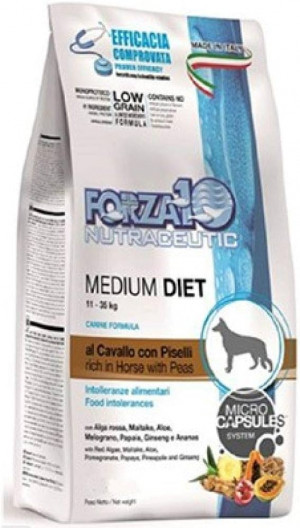 Forza10 Medium Diet with Horse & Peas - sausā barība suņiem 12kg Cena norādīta par 1 gb. un ir spēkā pasūtot 2 gb.