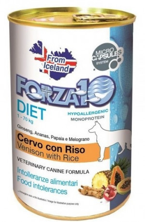 Forza10 Hypoallergenic Diet Line Venison & Rice - konservi suņiem 400g Cena norādīta par 1 gb. un ir spēkā pasūtot 6 gb.