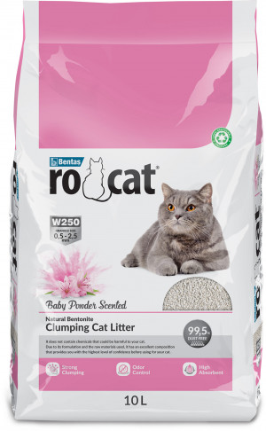 RoCat Baby Powder Perfumed cementējošas smiltis kaķu tualetei 10L Cena norādīta par 1 gb. un ir spēkā pasūtot 2 gb.