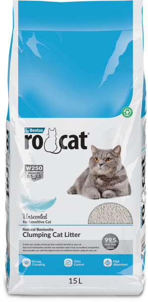 RoCat Unscented cementējošas smiltis kaķu tualetei 15L Cena norādīta par 1 gb. un ir spēkā pasūtot 2 gb.