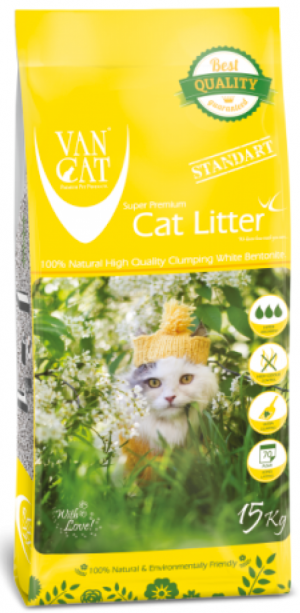 VAN CAT Standart - cementējošas smiltis kaķu tualetei, bez aromāta 15kg Cena norādīta par 1 gb. un ir spēkā pasūtot 2 gb.