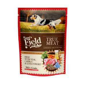 Sam's Field DOG POUCH Beef with Veal, Carrot&Lingonberry 260g Cena norādīta par 1 gb. un ir spēkā pasūtot 6 gb.