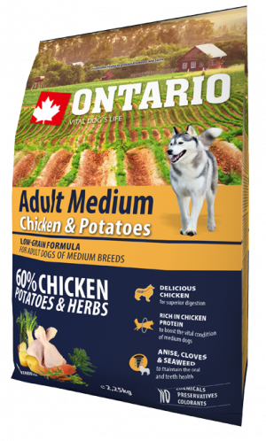 Ontario Dog Adult Medium Chicken & Potatoes -  sausā barība suņiem 12kg