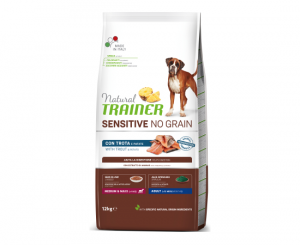 NATURAL TRAINER DOG SENSITIVE NO GRAIN ADULT MEDIUM/MAXI TROUT 12KG