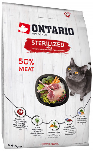 Sausā barība kaķiem - Ontario Cat Sterilised Lamb, 6.5 kg