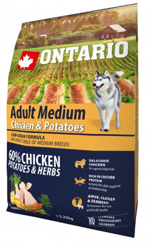 Ontario Dog Adult Medium Chicken & Potatoes -  sausā barība suņiem 2.25 kg