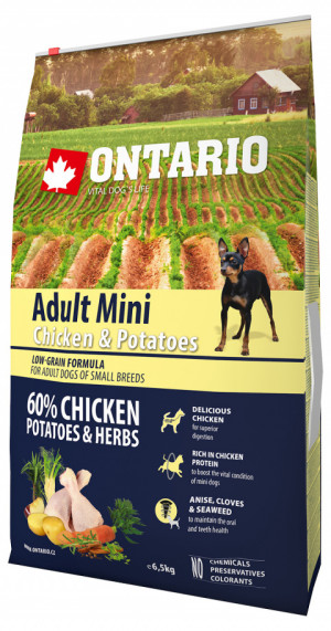 Ontario Dog Adult Mini Chicken&Potatoes&Herbs - sausā barība suņiem 6.5 kg