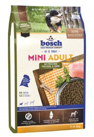 BOSCH Adult Mini Poultry & Millet - sausā barība suņiem 3kg Cena norādīta par 1 gb. un ir spēkā pasūtot 2 gb.