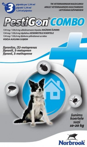 PESTIGON COMBO pretparazitāri pilieni (pipetes) vidēja auguma suņiem 10-20kg 134mg/120.6mg N3 Cena norādīta par 1gab.
