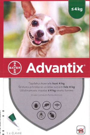 Advantix 200 mg/40 mg šķīdums (pipetes) pilināšanai uz ādas suņiem līdz 4 kg N4 Cena norādīta par 1gab.
