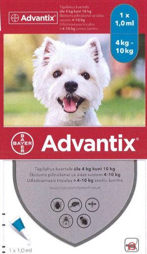 Advantix 500 mg/100 mg šķīdums (pipetes) pilināšanai uz ādas suņiem 4-10 kg N1