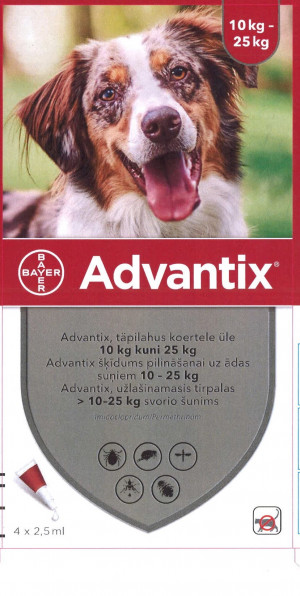 Advantix 1250 mg/250 mg šķīdums (pipetes) pilināšanai uz ādas suņiem 10-25 kg N4 Cena norādīta par 1gab.